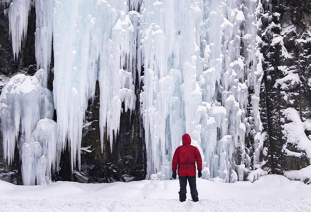 Giant icicles beside the E8 Highway near Laksvatn, Troms Region, Norway, Scandinavia, Europe