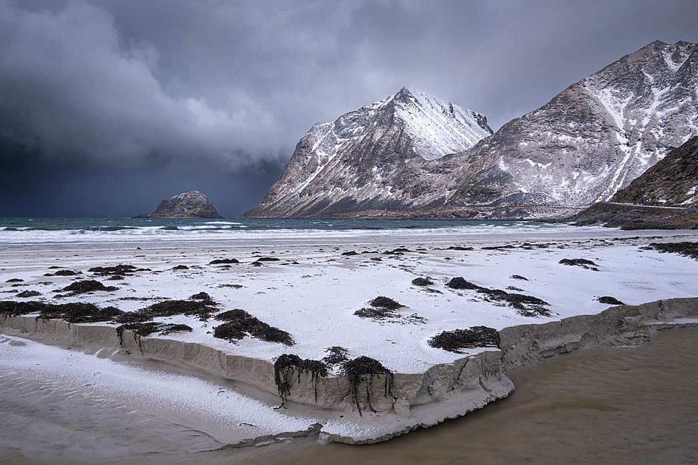 Hauklandstranda Beach and the headland island of Taa in winter, Vestvagoya Island, Lofoten Islands, Norway, Scandinavia, Europe