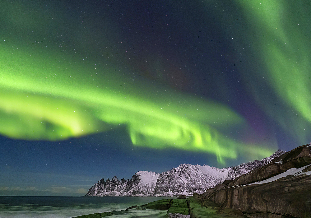 The Aurora Borealis (Northern Lights) over The Devils Jaw (The Devils Teeth), Oskornan mountains, Tungeneset, Senja, Troms og Finnmark County, Norway, Scandinavia, Europe