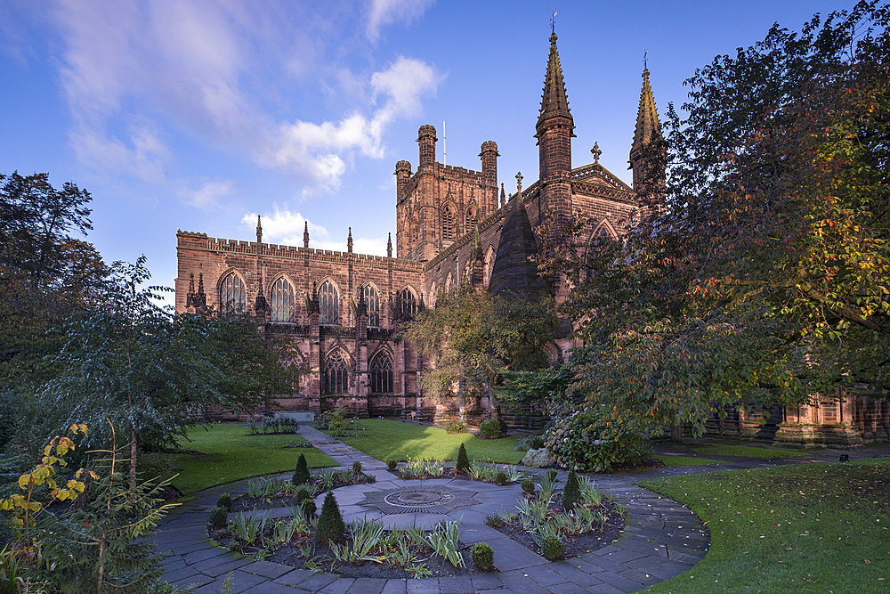 Chester Cathedral from the Remembrance Garden in autumn, Chester, Cheshire, England, United Kingdom, Europe