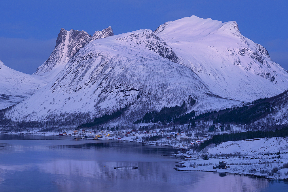 Dawn light over the village of Bergsbotn and Bergsfjord backed by Luttinden mountain in winter, Bergsbotn Mountain Range, Senja, Troms og Finnmark county, Norway, Scandinavia, Europe