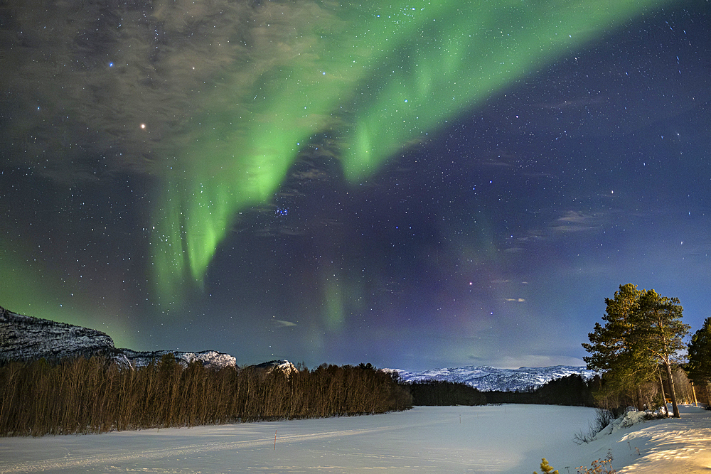 Aurora Borealis (Northern Lights) over the Alta River, near Alta, Arctic Cirle, Norway, Scandinavia, Europe