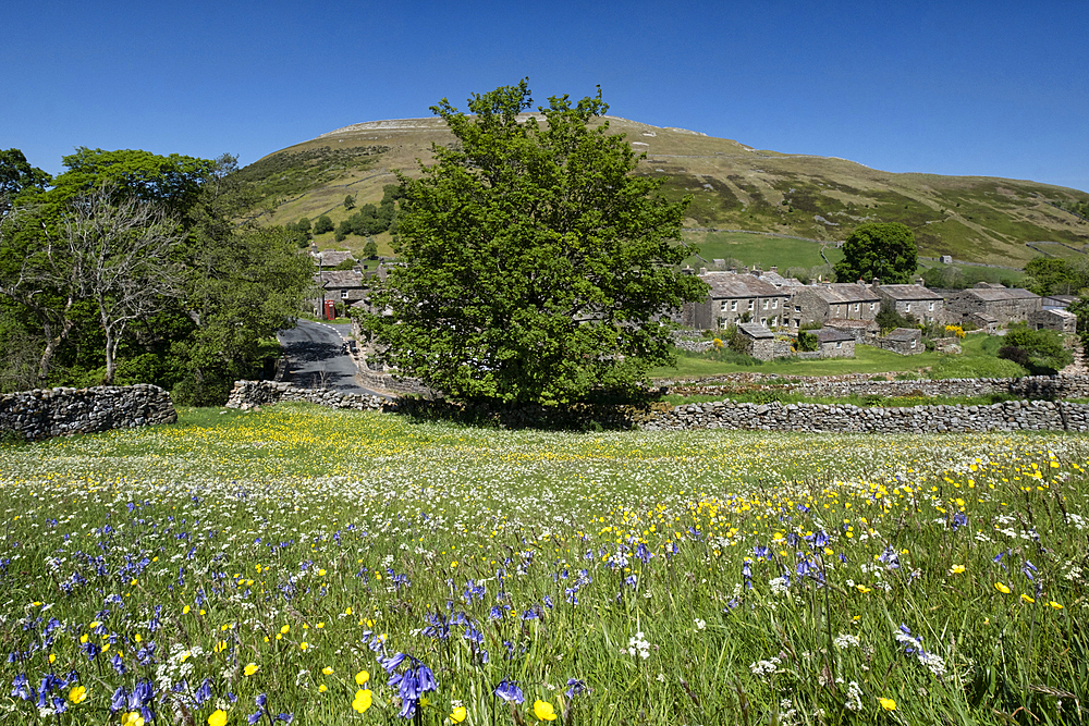 The Village of Thwaite backed by Kisdon Hill in summer, Swaledale, Yorkshire Dales National Park, Yorkshire, England, United Kingdom, Europe