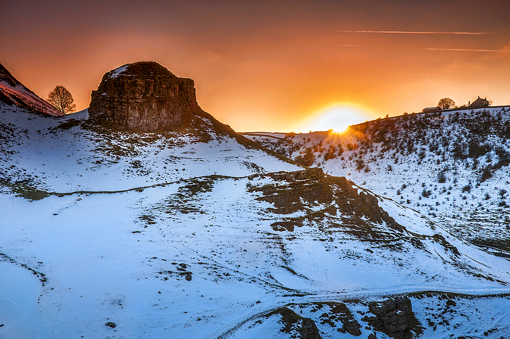 Sunset over Peter's Stone, Cressbrook Dale, near Litton, Peak District National Park, Derbyshire, England, United Kingdom, Europe