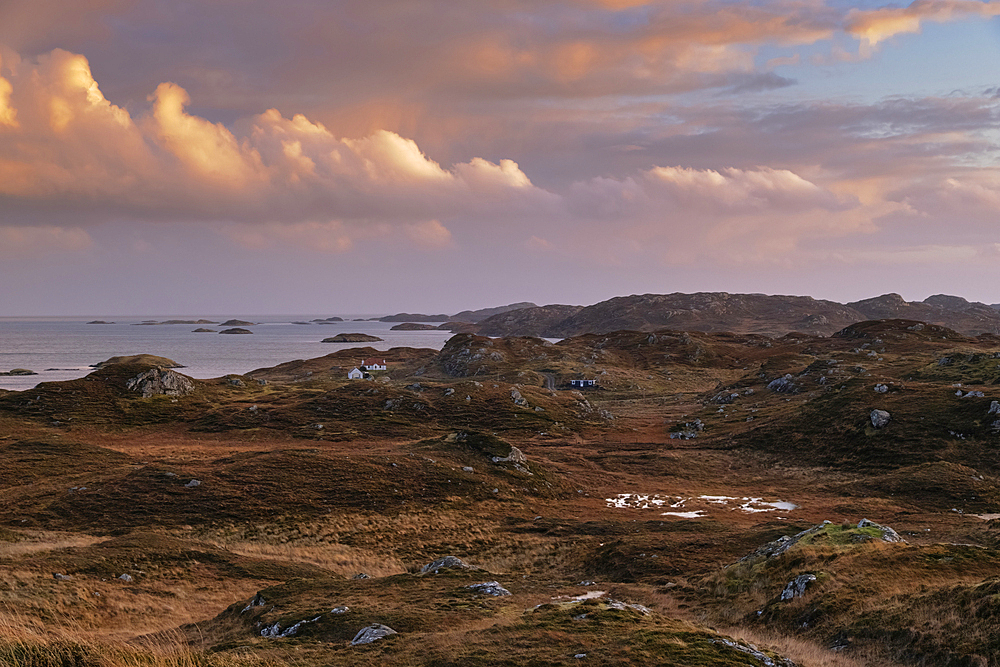 Typical Harris moorland scenery and the Small Islands, view towards Rubha Bhocaig, Isle of Harris, Outer Hebrides, Scotland, United Kingdom, Europe