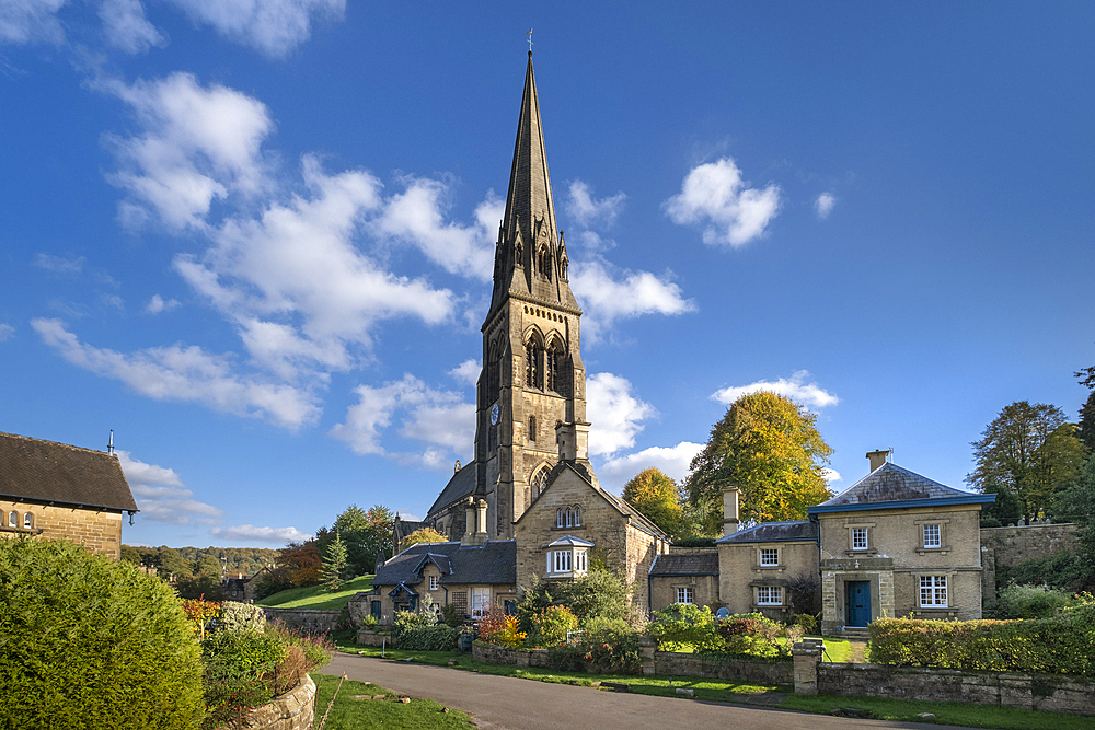 St. Peter's Church and the village of Edensor in autumn, Chatsworth Estate, Peak District National Park, Derbyshire, England, United Kingdom, Europe