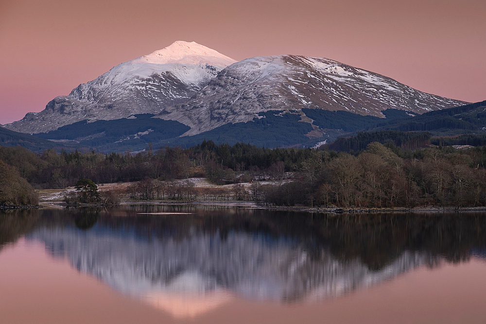 Last light on Ben Lui across Loch Awe at dusk, Loch Awe, Argyll and Bute, Scottish Highlands, Scotland, United Kingdom, Europe