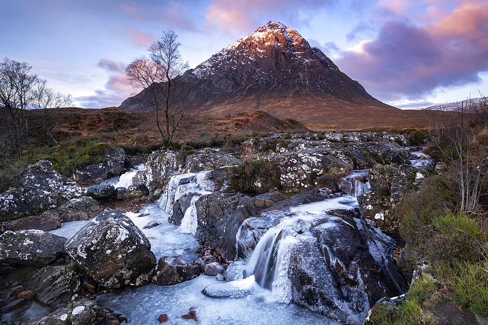 River Coupall Waterfall and Stob Dearg (Buachaille Etive Mor) in winter, Glen Etive, Rannoch Moor, Argyll and Bute, Scottish Highlands, Scotland, United Kingdom, Europe