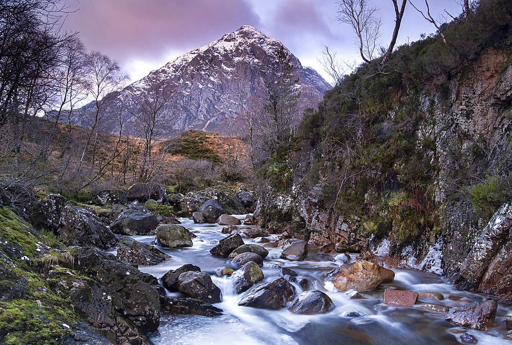 River Coupall and Stob Dearg (Buachaille Etive Mor) in winter, Glen Etive, Rannoch Moor, Argyll and Bute, Scottish Highlands, Scotland, United Kingdom, Europe