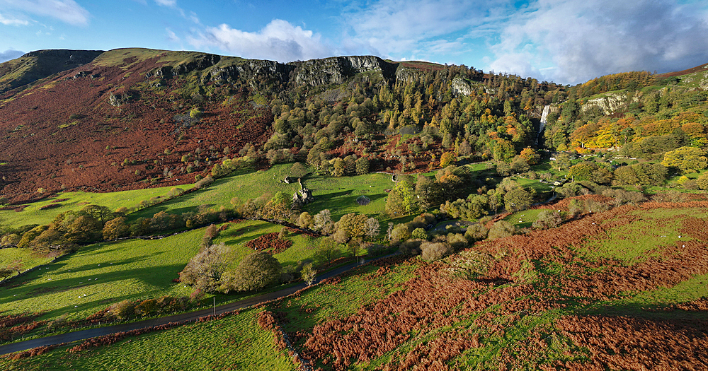 Panoramic aerial view of Pistyll Rhaeadr Waterfall in autumn, Llanrhaeadr-ym-Mochnant, Berwyn Mountains, Powys, Wales, UK