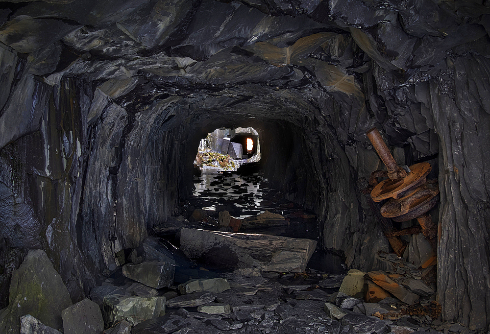 Former Mine Working Slate Cavern Tunnel at Dinorwig Quarry, Also known as Dinorwic Quarry, Eryri or Snowdonia National Park, North Wales, UK