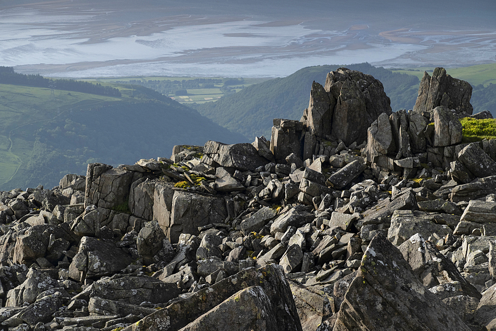 View from Bera Mawr looking over the North Wales coast and Coedydd National Nature Reserve, Carneddau Mountains, Snowdonia National Park, Eryri, North Wales, UK
