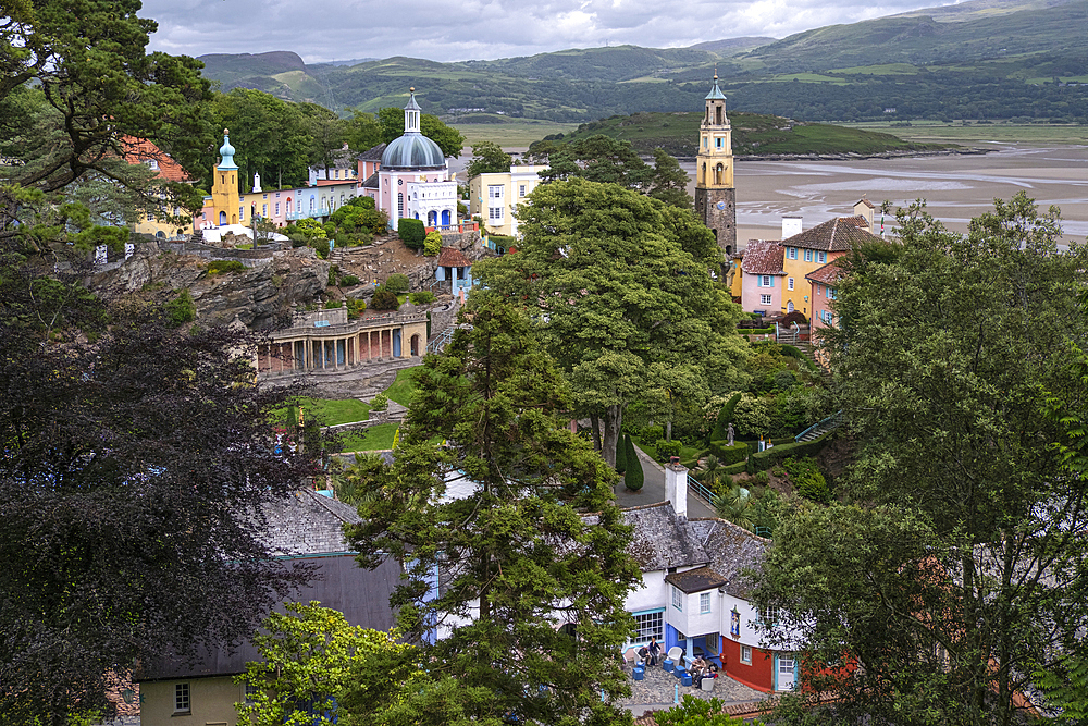 The folly Welsh tourist village of Portmeirion in summer, Gwynedd, North Wales, UK