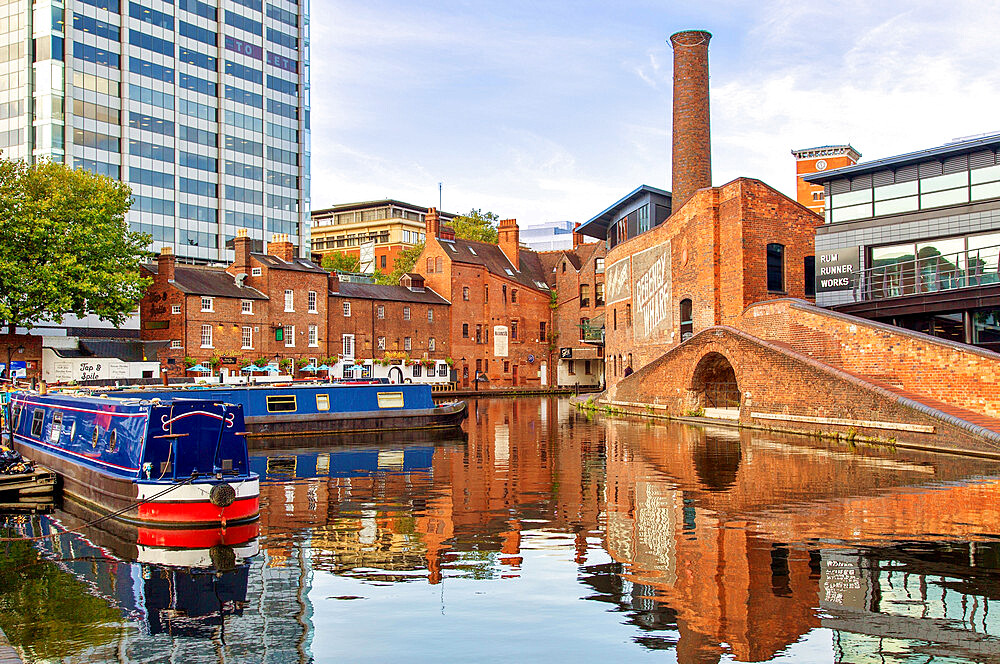 Narrowboats on Birmingham Canal at Gas Street, Central Birmingham, West Midlands, United Kingdom, Europe