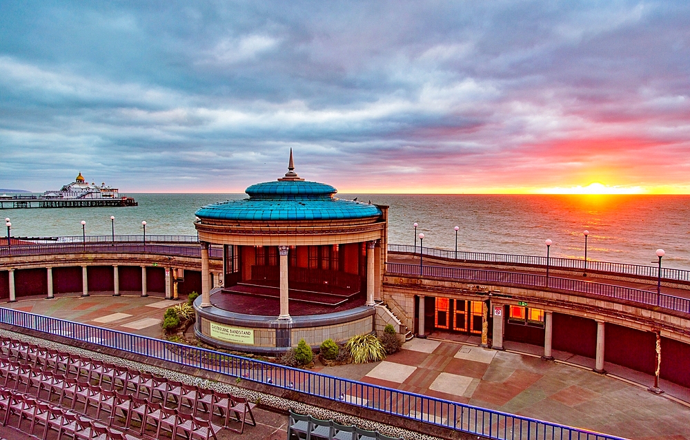 Eastbourne Bandstand and Pier at dawn, Eastbourne, East Sussex, United Kingdom