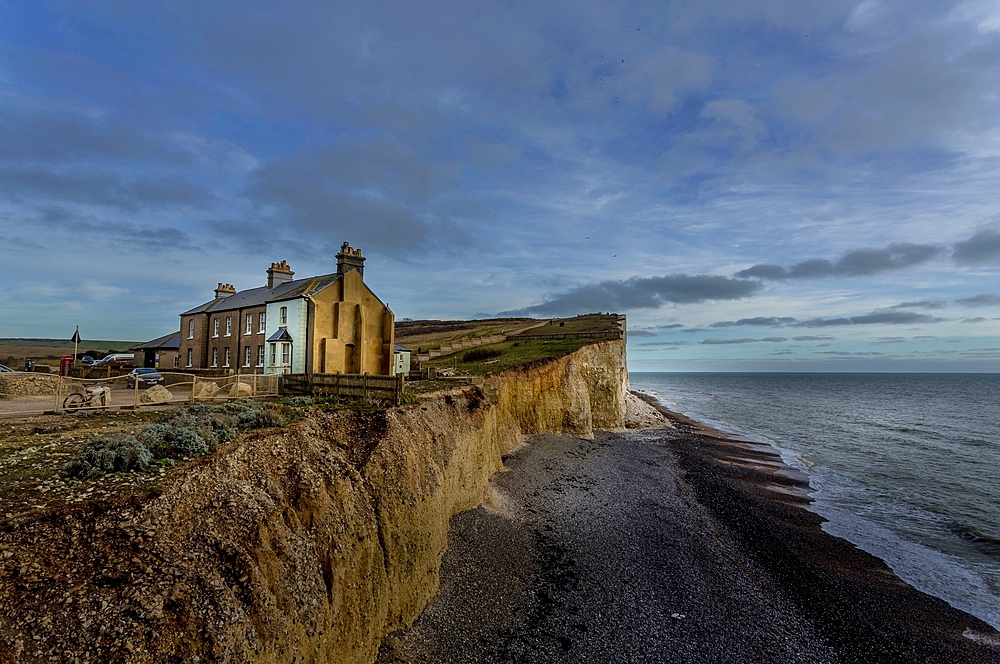 Coastguard Cottages at dusk, Birling Gap, South Downs National Park, East Sussex, England, United Kingdom, Europe