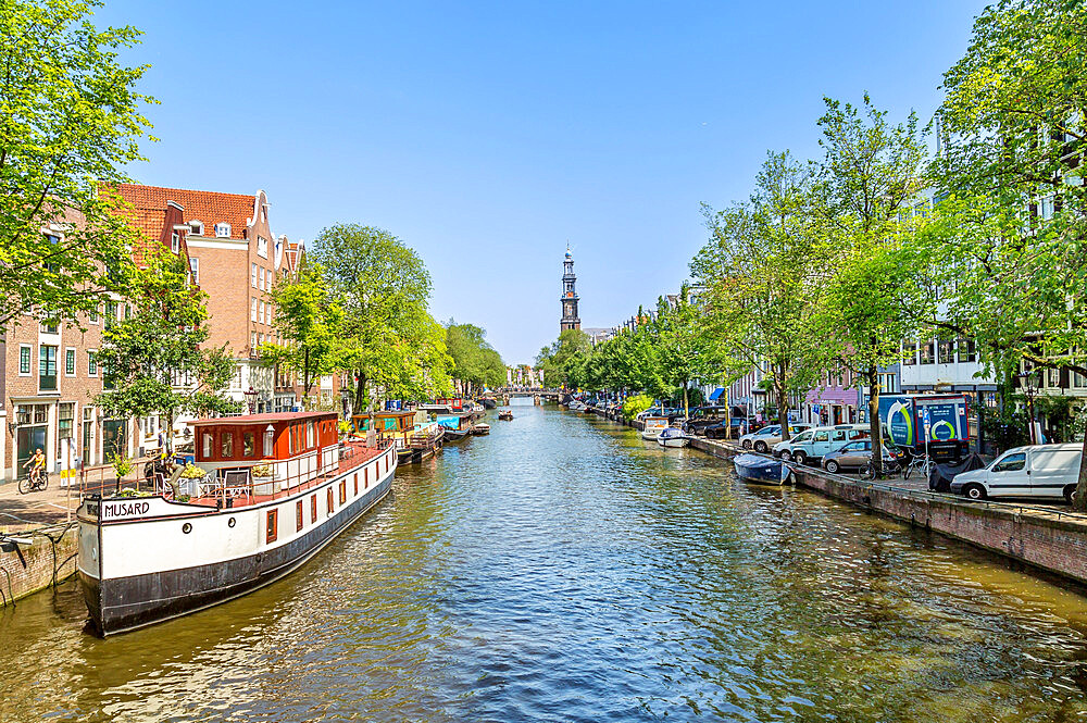 Boats on the Prinsengracht canal, with the Westerkerk church behind, Amsterdam, North Holland, The Netherlands, Europe