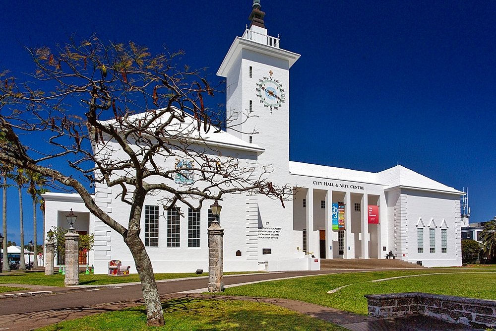 City Hall and Arts Centre, designed by local architect William Onions, built in 1960 and houses the City Corporation's Administrative Offices, a Theatre, Bermuda's National Gallery and Society of Arts Gallery, Hamilton, Bermuda, Atlantic, North America