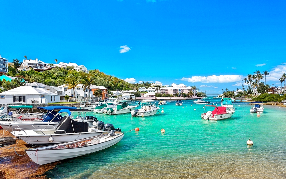 Boats moored in Flatt's Inlet, Bermuda, Atlantic, North America