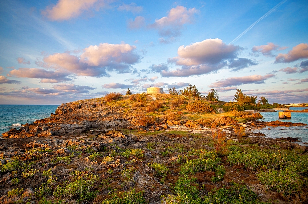 Martello Tower, with walls up to 11 feet thick and surrounded by dry moat, at Ferry Reach, built by the British Army in 1883 to protect the main channel into Bermuda, St. George's Island, Bermuda, Atlantic, North America