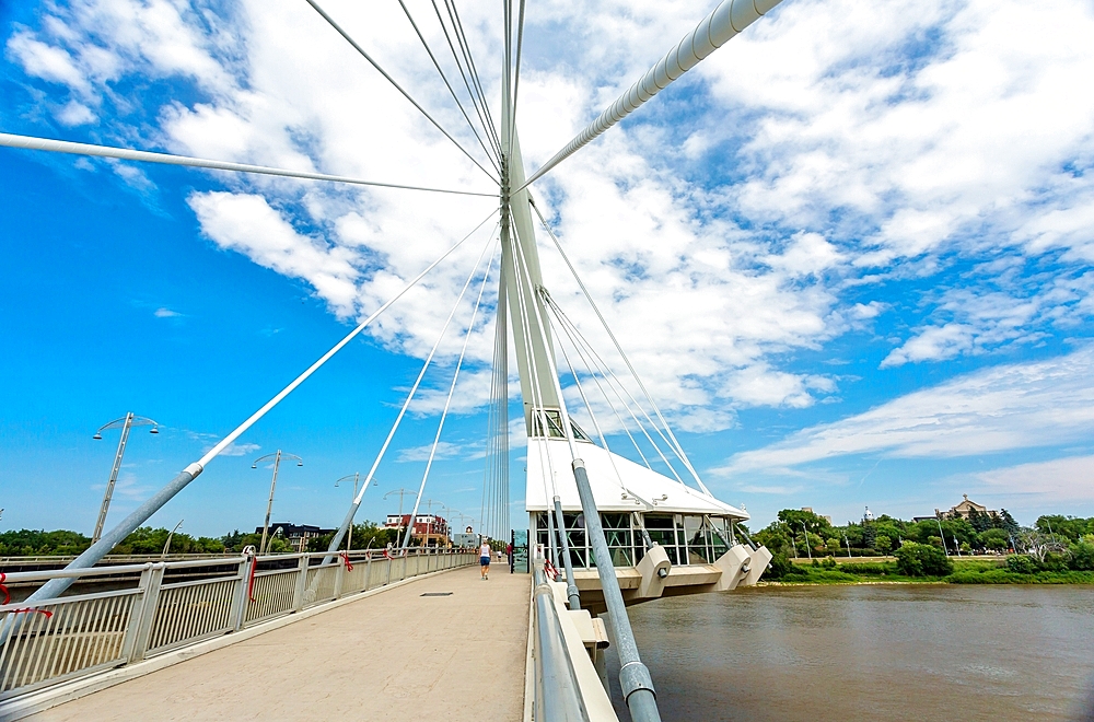 The Esplanade Riel suspended pedestrian footbridge over the Red River, completed 2003, linking central Winnipeg to St. Boniface district, Winnipeg, Manitoba, Canada, North America