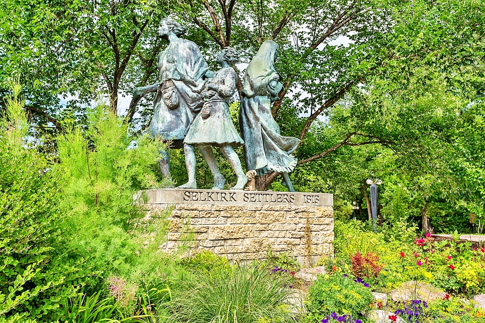 Monument to the Selkirk Settlers, erected in 2008, to commemorate the 19th century Scots who settled after the Highland Clearances, Waterfront Drive, Winnipeg, Manitoba, Canada, North America