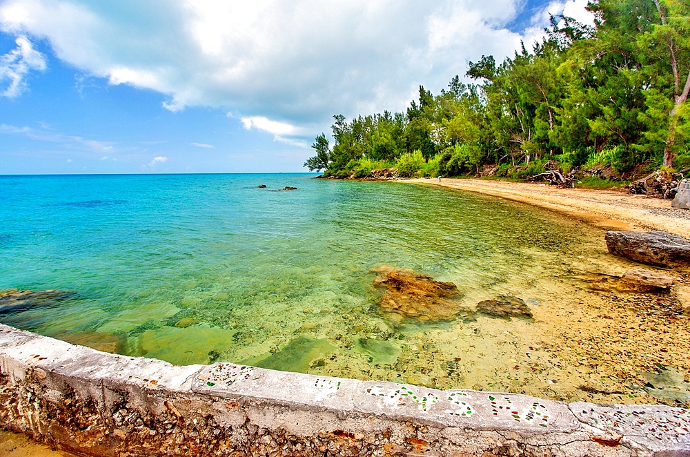 Glass Beach, site of large quantities of sea glass, from shipwrecks and bottles thrown into the sea from the Royal Navy Dockyard over hundreds of years, Bermuda, Atlantic, North America