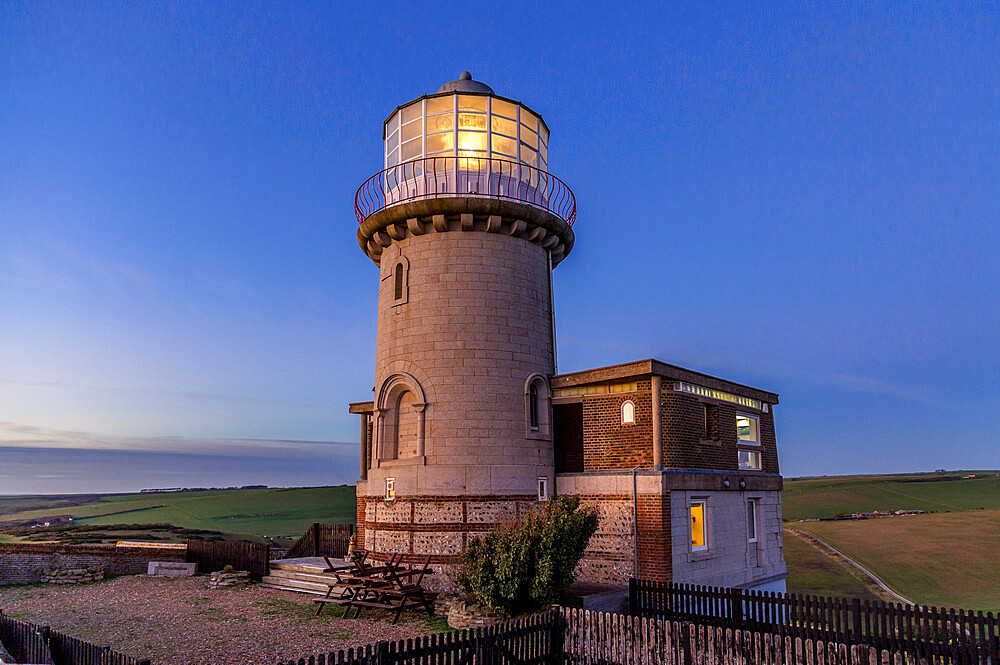 Belle Tout lighthouse at sunset on Christmas Day, Beachy Head, near Eastbourne, East Sussex, England, United Kingdom, Europe