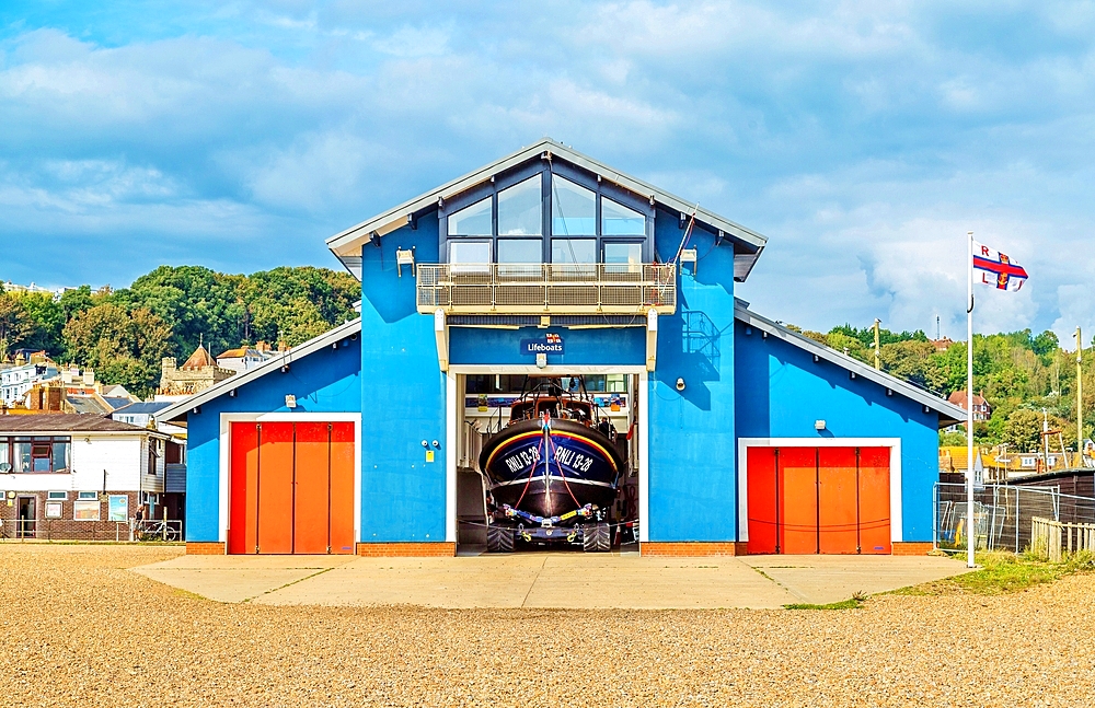 Hastings Lifeboat Station on The Stade (the fishermen's beach) on the seafront at Hastings, East Sussex, England, United Kingdom, Europe