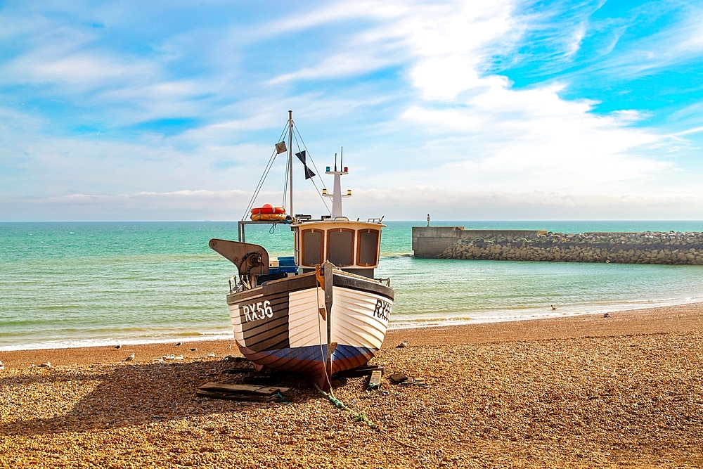 Fishing boats on The Stade (the fishermen's beach) at Hastings, East Sussex, England, United Kingdom, Europe