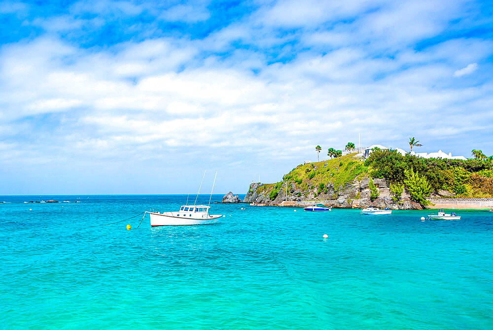 Boat at anchor in Bailey's Bay, Bermuda, Atlantic, Central America