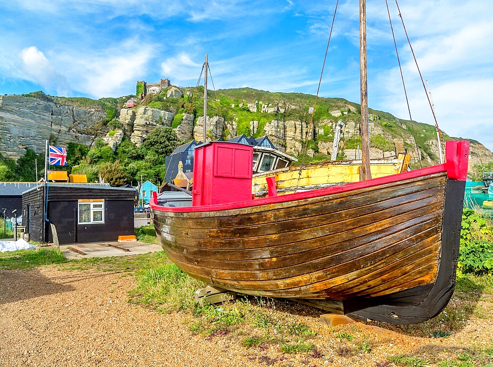 Fishing boats on The Stade (the fishermen's beach) at Hastings, East Sussex, England, United Kingdom, Europe