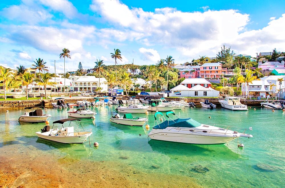 Boats moored in the clear turquoise waters of Flatt's Inlet, Hamilton Parish, Bermuda