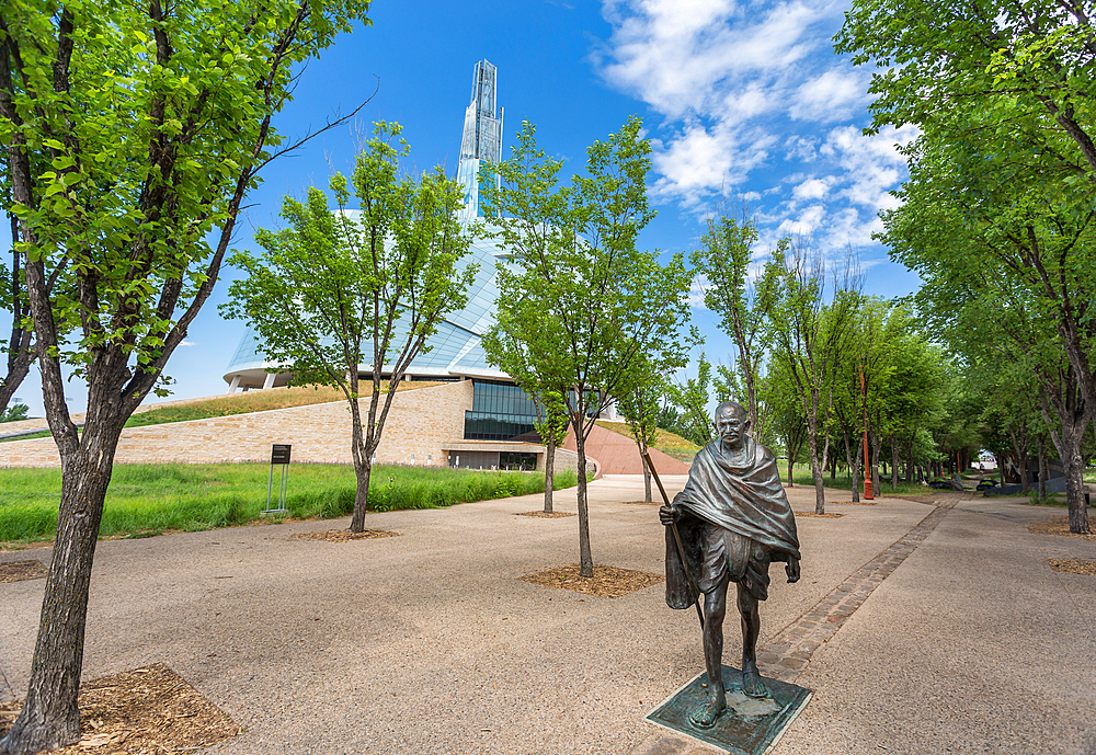 The bronze statue of Mahatma Gandhi, weighing 500 kg, unveiled in 2010, at the entrance to the Canadian Museum for Human Rights in Winnipeg, Manitoba, Canada, North America