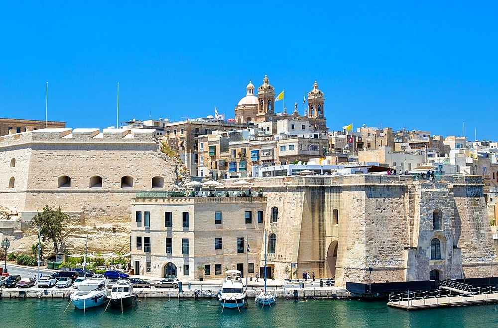 The Basilica of the Nativity of Mary rising over Senglea, Valletta, Malta, Mediterranean, Europe