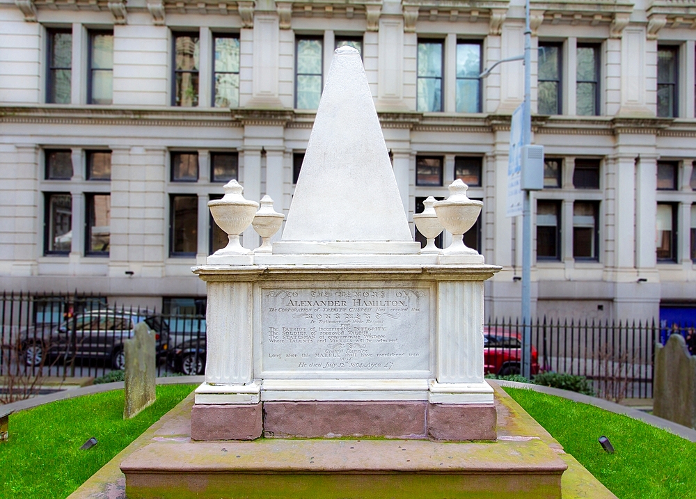 The tomb of Alexander Hamilton, 1755-1804, American statesman, soldier and Founding Father, inspiration for the hit Broadway musical Hamilton, Trinity Church, Broadway, New York, United States of America, North America