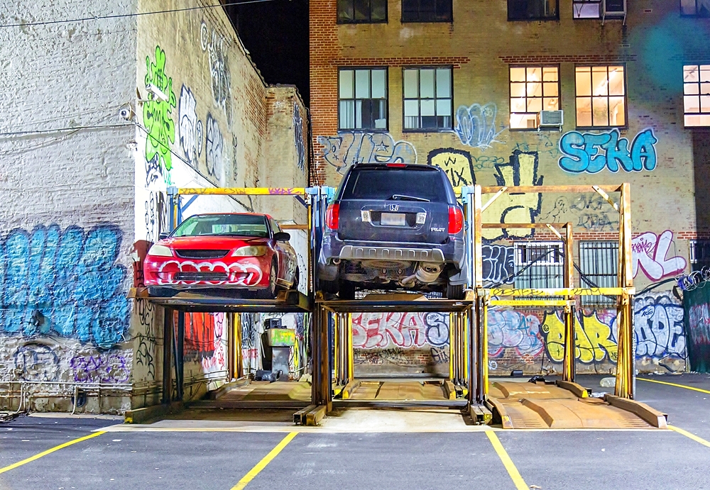 Lower Manhattan parking lot at night, New York, United States of America, North America