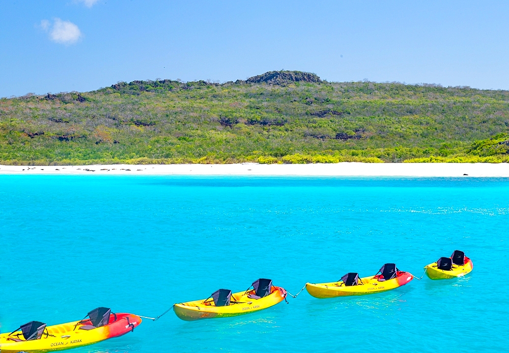 Brightly coloured kyaks in Gardner Bay, Espanola Island, Galapagos, UNESCO World Heritage Site, Ecuador, South America