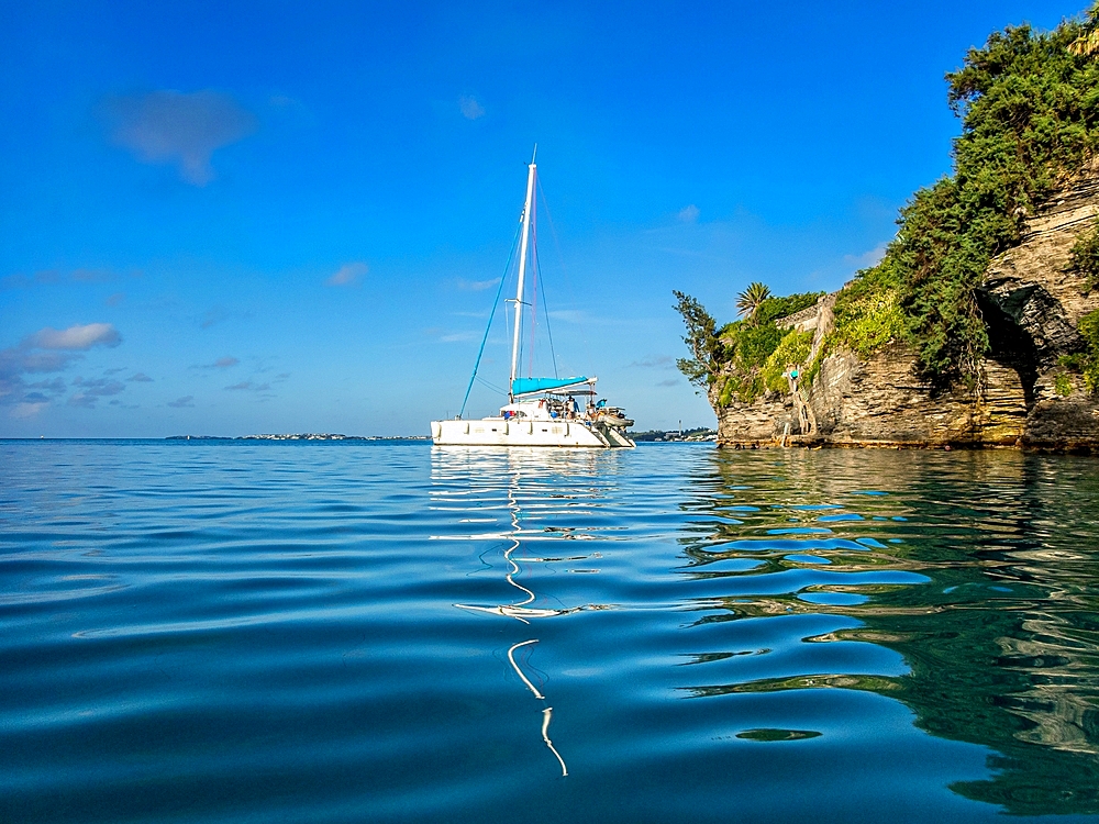 Catamaran moored at Admiralty House Park, North Shore, Bermuda, Atlantic, North America