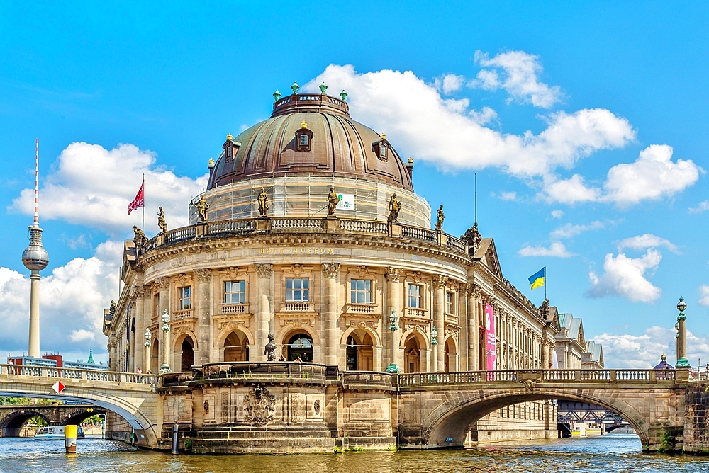 The Bode Museum, completed in 1904, housing art and coins collections, Museum Island, UNESCO World Heritage Site, with Berlin TV Tower to the left, Berlin, Germany, Europe