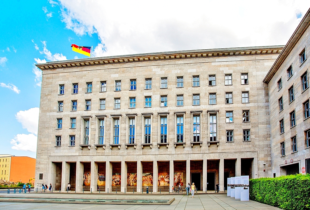 The Detlav Rohwedder Haus, completed in 1936, one of few surviving wartime buildings, with post war East German mural by Max Lingner, Wilhelmstrasse, Berlin, Germany, Europe