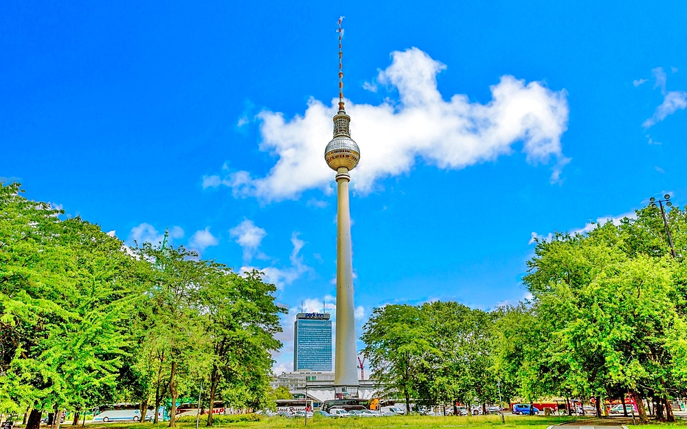 The Berlin TV Tower (Fernsehturm), built in 1969 by the East German government, 1207 feet high and the tallest structure in Germany, Berlin, Germany, Europe