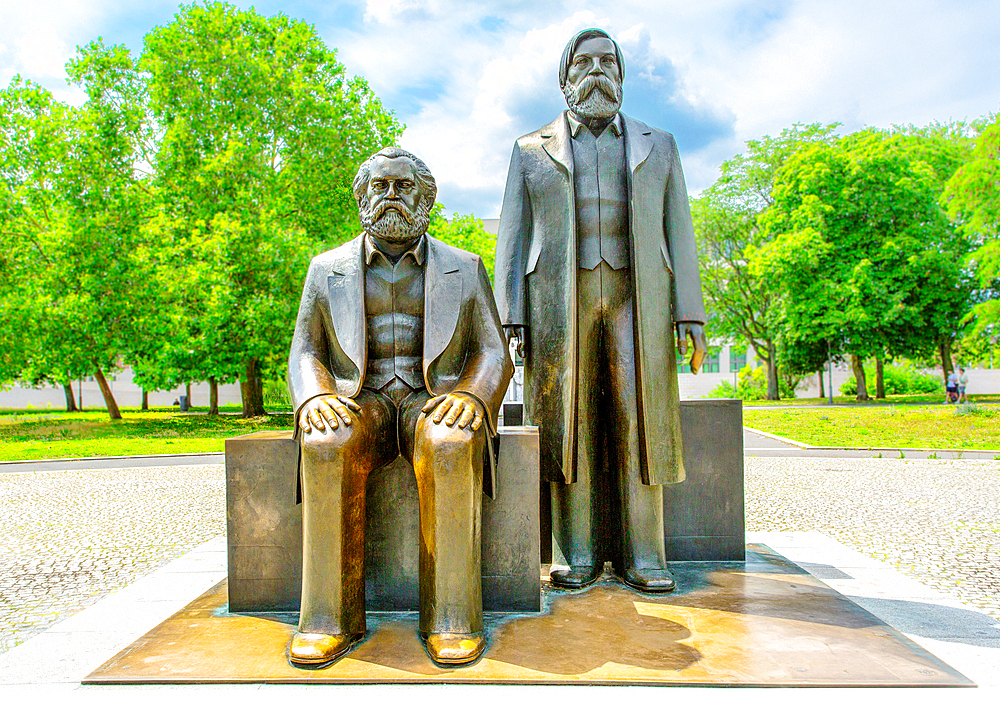 The bronze sculpture by Ludwig Engelhardt of Marx (left) and Engels in Marx - Engels Forum in central Berlin. The Forum, a park, was created by the former East German authorities in 1986.