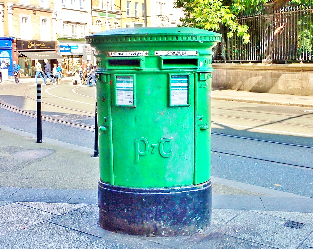 A green Dublin Post Box in Grafton Street, central Dublin, Republic of Ireland, Europe