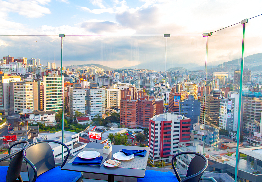 Central Quito at sunset, the highest capital city in the world,in the foothills of the Andes mountains, Quito, Ecuador, South America