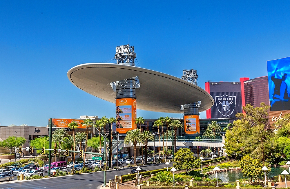 The Fashion Show Mall on The Strip, Las Vegas, Nevada, USA. The oval part of the structure is known as The Cloud. The Mall opened in 1981.