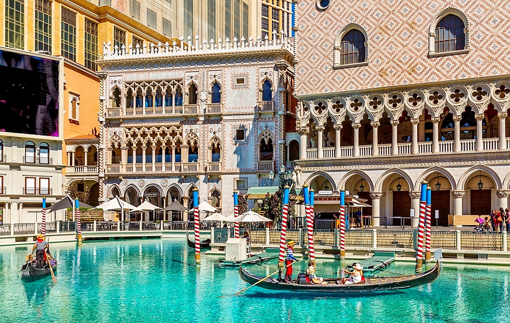 Gondolas at the Venetian Hotel and Casino, Las Vegas, Nevada, USA which opened in 1999 and features indoor and outdoor canals.