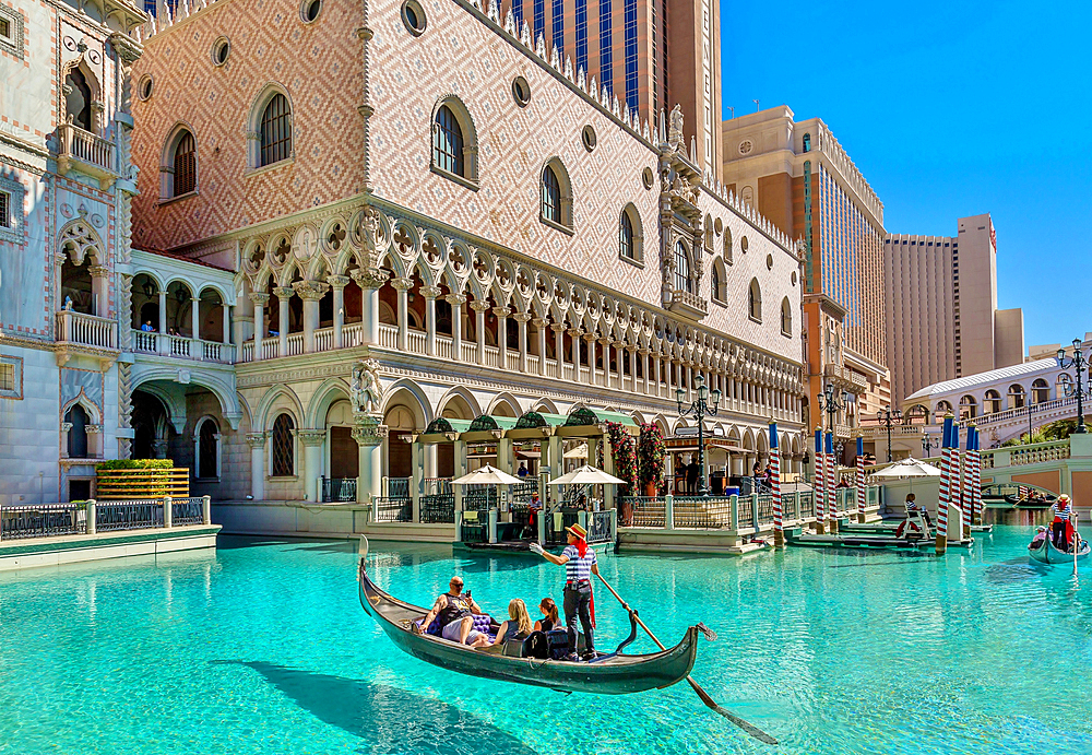 Gondolas at the Venetian Hotel and Casino, Las Vegas, Nevada, USA which opened in 1999 and features indoor and outdoor canals.