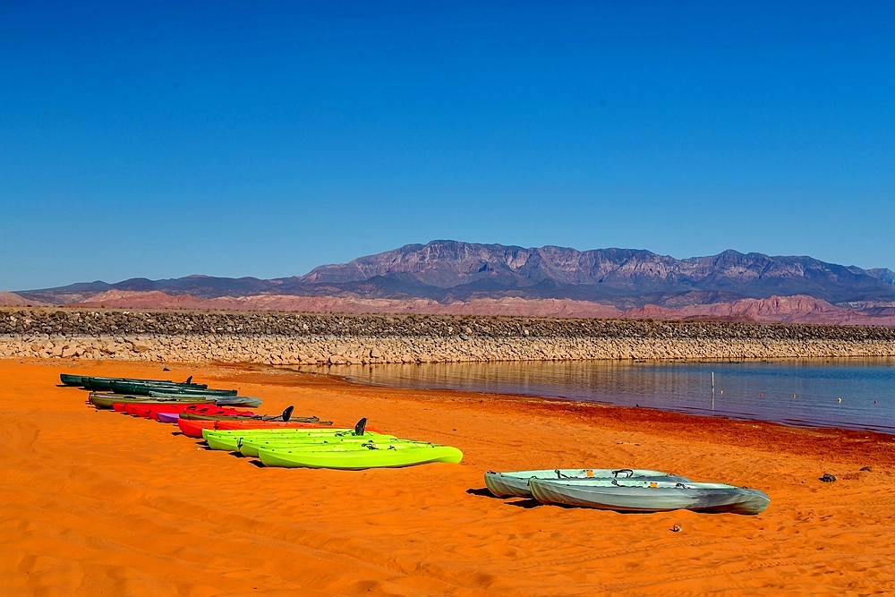 Water craft by the reservoir at Sand Hollow State Park, 20000 acre park opened in 2003, near S.t George, Utah, United States of America, North America