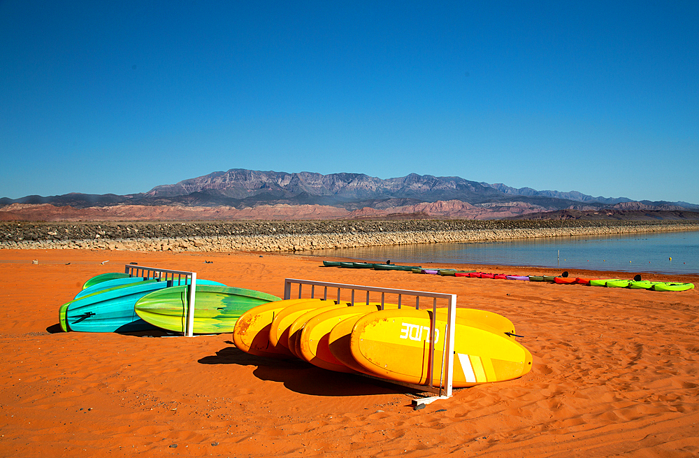 Water craft by the reservoir at Sand Hollow State Park, near St George, Utah, USA. The 20,000 acre park opened in 2003 and offers boating, off road vehicle trails and hiking..